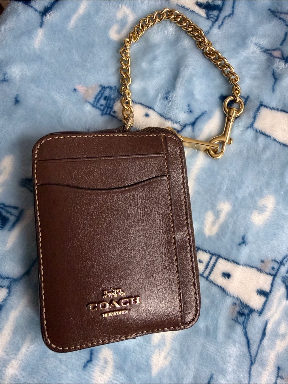 Coach Brown Leather Zip Card Case with Gold Chain